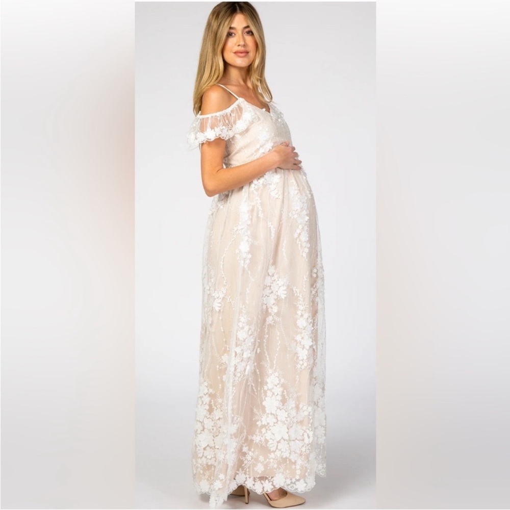 Pinkblush-Minuet‎ Ivory Floral Embroidered Mesh Maternity Evening*dress - Picture 2 of 14